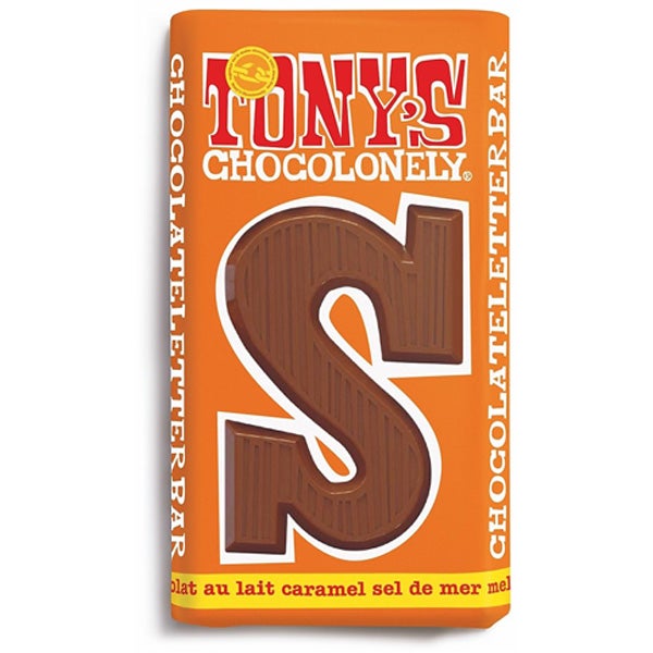 Tony's Chocolonely karamel zeezout melkchocolade letterreep S 180g